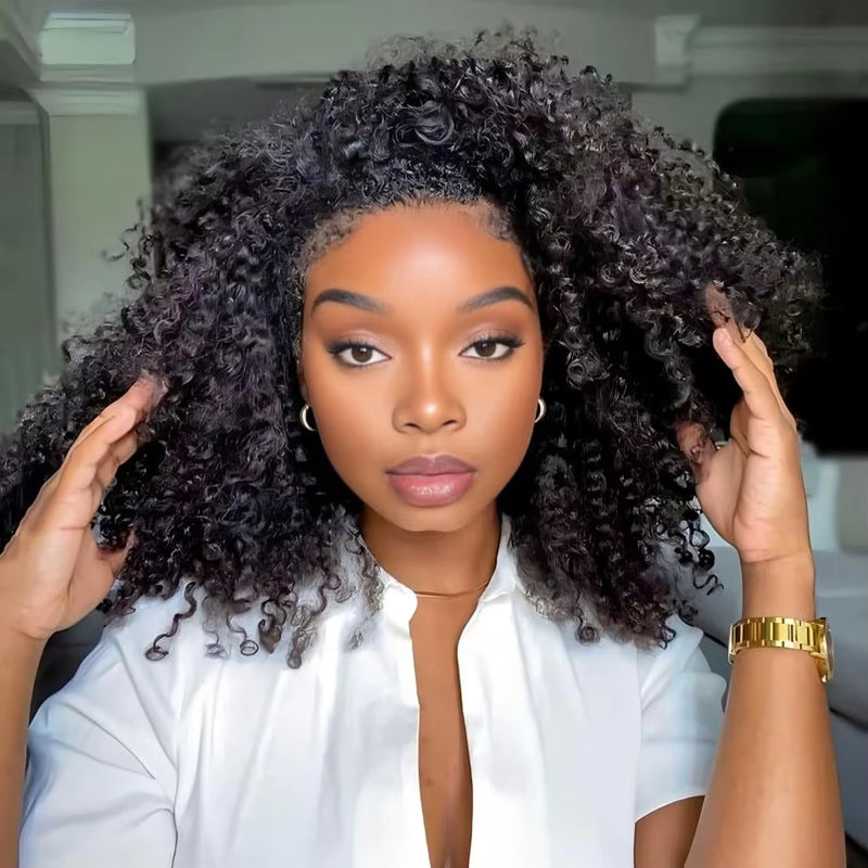 Klaiyi Kinky Curly 3 In 1 Half Wig Flip Over Wig with 4C Kinky Edge &Flexi-Fit Drawstring Beginner Friendly Wig
