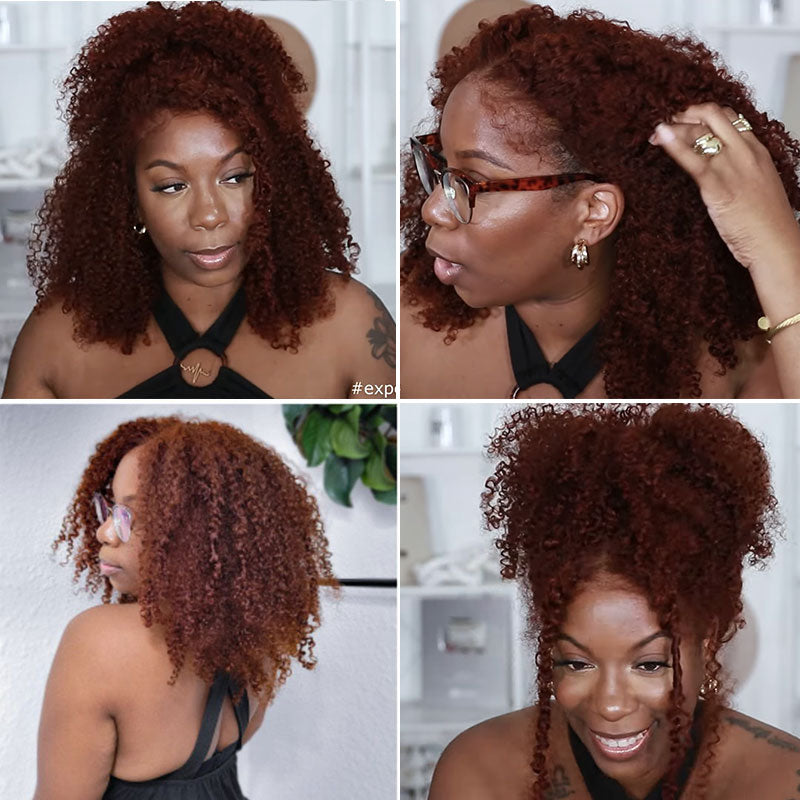 Extra 50% Off, Code: HALF50 | Klaiyi Auburn Brown Color 13x4 Glueless Lace Frontal Wig Kinky Curly Human Hair