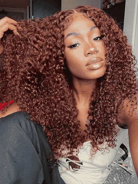 Klaiyi 13x4  Lace Frontal Wig Kinky Curly Auburn Brown Color Flash Sale