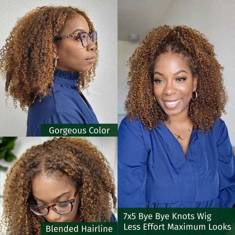 Klaiyi 7x5 Pre-cut Glueless Lace Invisible Knots Wig Ombre Highlight Piano Brown Kinky Curly/Water Wave Balayage Human Hair