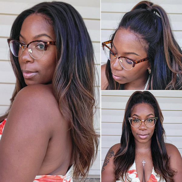 Klaiyi Ombre Chestnut Brown Yaki Straight Put On and Go Glueless Wig 7x5 Bye Bye Knots Lace Closure Human Hair Wigs with Invisi Drawstring