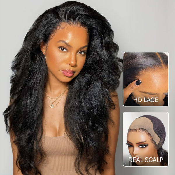 Klaiyi 13x4 HD Real Scalp Wig Invisible Lace Frontal Natural Black Kinky Straight Wig With Invisi Drawstring