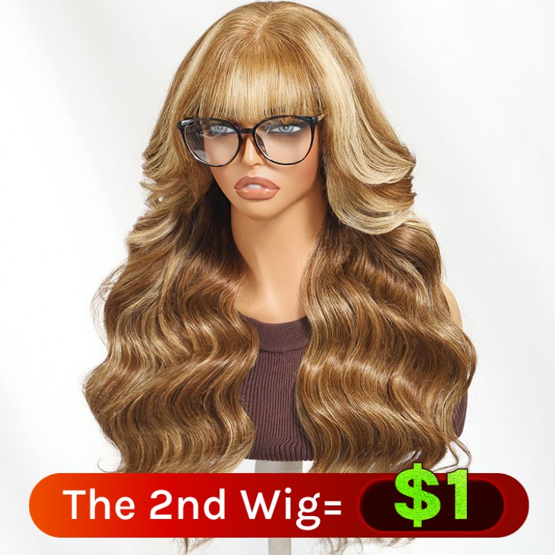 $1 Get Second Wig | Vip Member 13x4 Honey Blond Highlights Body Wave Glueless Lace Wig Flash Sale with Face Framing Curtain Bangs Human Hair Wig