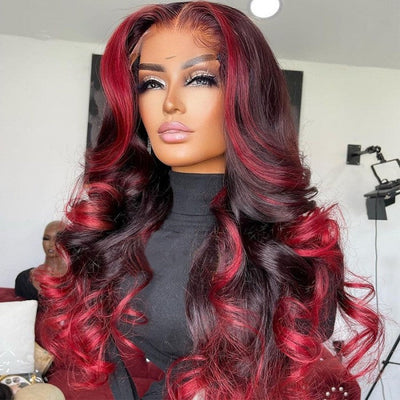 77% OFF| Klaiyi 13x4 Lace Frontal Wig 180% Density Ombre Highlight Dark Burgundy with Rose Red Loose Wave Flash Sale