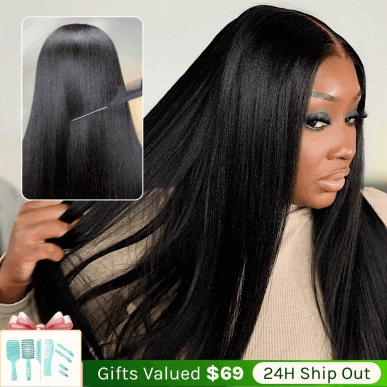 Klaiyi  7x5 Upgrade Yaki Straight Wig with Invisible Drawstring Pull and Go Glueless Wigs Flash Sale