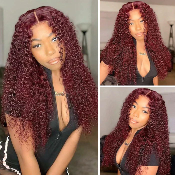 5000 Points | 99J Burgundy Jerry Curly Transparent Lace Closure Wig