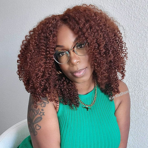 Klaiyi Auburn Brown Color 13x4 Glueless Lace Frontal Wig Kinky Curly Human Hair