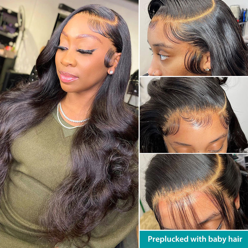 Klaiyi Body Wave Glueless Wigs 13x4 HD Invisible Transparent Lace Front Human Hair Wigs Bleached Knots