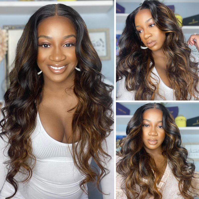 Klaiyi Dark Root Brown Balayage Highlight Body Wave T Part Lace Wig Flash Sale