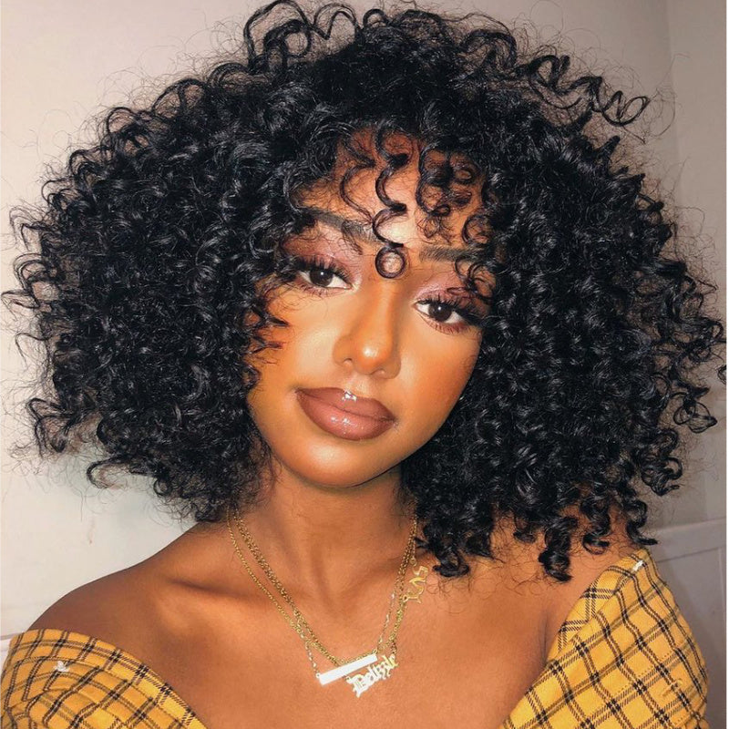 Buy 1 Get 1 Free,Code:BOGO | Klaiyi Bouncy Curls Short Human Hair Wigs with Bangs Glueless Pixie Cuts Wigs
