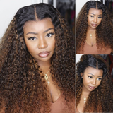 Buy 1 Get 1 Free,Code:BOGO |Klaiyi 180% Density Dark Roots Blonde Highlight Balayage Curly Hair Lace Front Wigs Best Colored Wigs