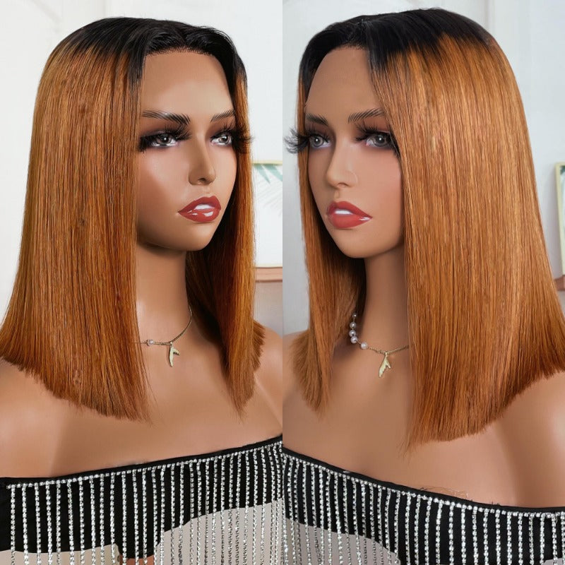 Klaiyi Dark Roots Brown Cut Bob Lace Front Wigs Human Hair Preplucked Middle Part Short Lace Wig
