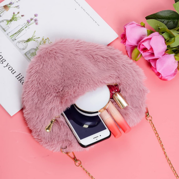 Klaiyi Free Gift Miayon Heart Shaped Faux Fur Purse Fluffy Crossbody Bag Chain Shoulder Bag Cute Clutch