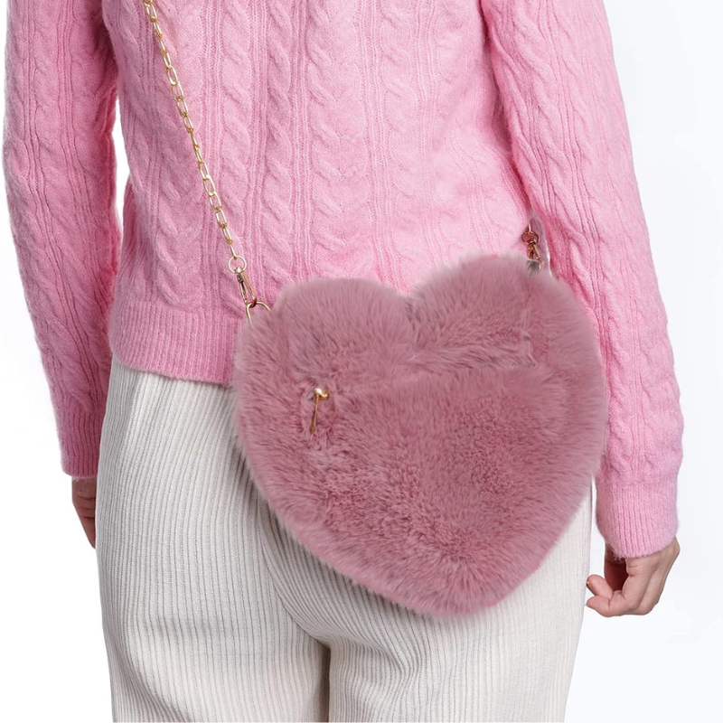 Klaiyi Free Gift Miayon Heart Shaped Faux Fur Purse Fluffy Crossbody Bag Chain Shoulder Bag Cute Clutch