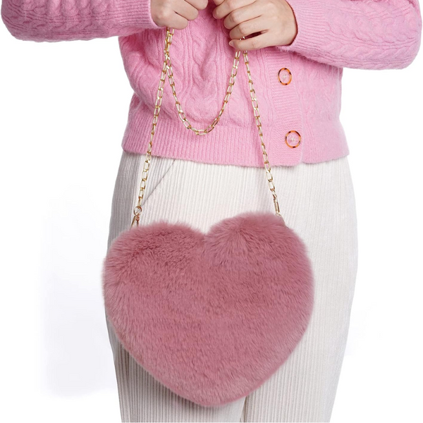 Klaiyi Free Gift Miayon Heart Shaped Faux Fur Purse Fluffy Crossbody Bag Chain Shoulder Bag Cute Clutch