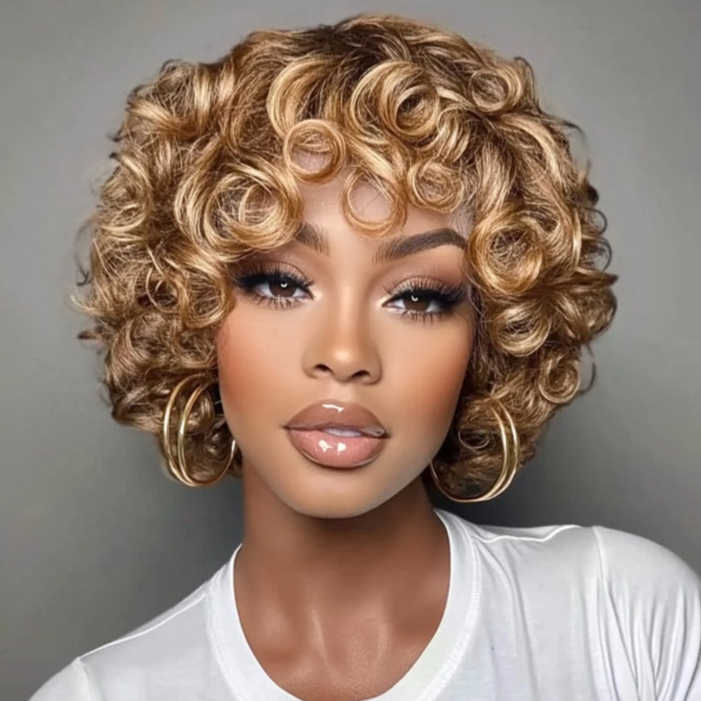Klaiyi Glueless Blonde Highlight Big Curly Fringe Wig Machine Made Human Hair Wigs Flash Sale