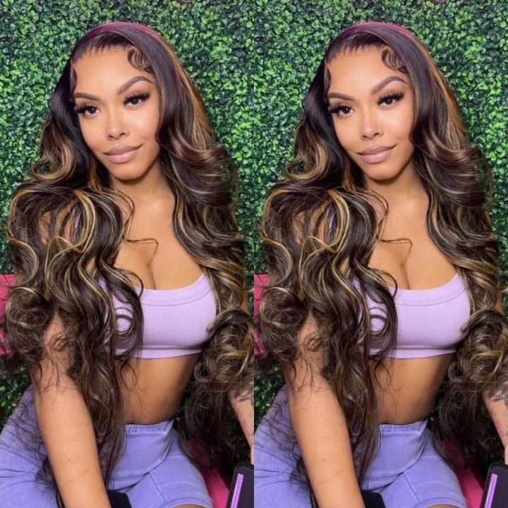 Klaiyi Dark Root Brown Balayage Highlight Body Wave T Part Lace Wig Flash Sale