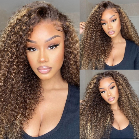 Honey Blonde Highlight Lace Front Wigs Ombre Color Jerry Curly Human Hair Wigs