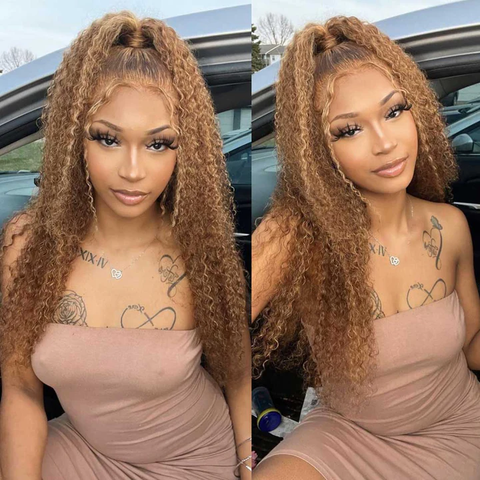 Honey Blonde Highlight Lace Front Wigs Ombre Color Jerry Curly Human Hair Wigs