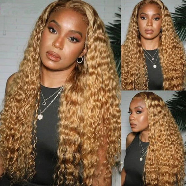 Buy 1 Get 1 Free,Code:BOGO | Klaiyi 180% Density Honey Blonde 13x4 Lace Front Water Wave Wig