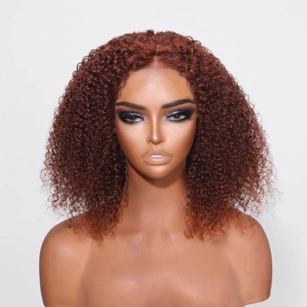 Klaiyi Kinky Curly Cut BOB Wig Auburn Brown Color 13x4  Lace Frontal Wig Human Hair Flash Sale