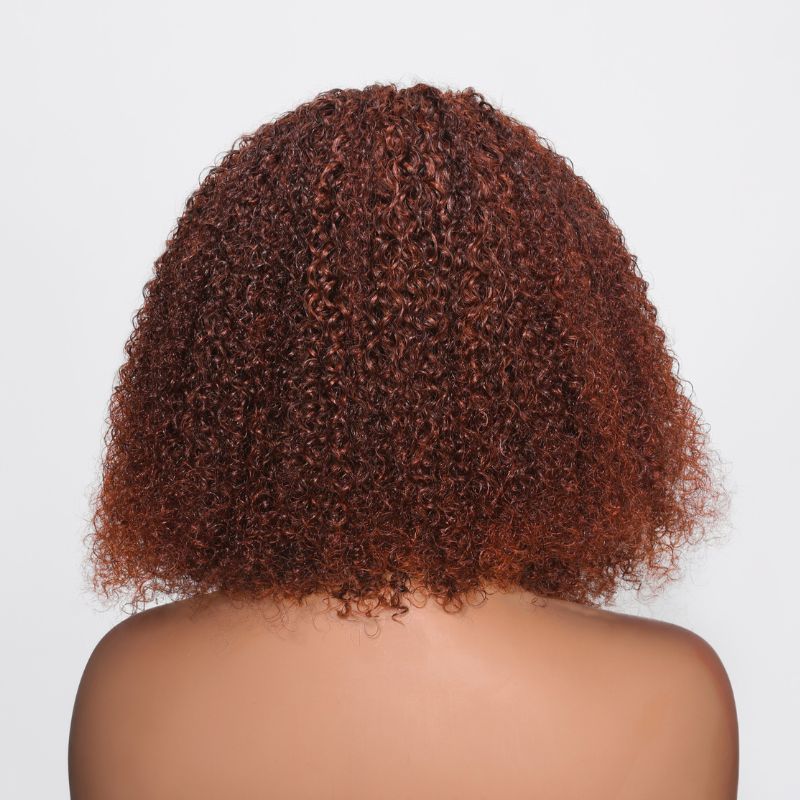 Klaiyi Kinky Curly Cut BOB Wig Auburn Brown Color 13x4  Lace Frontal Wig Human Hair Flash Sale