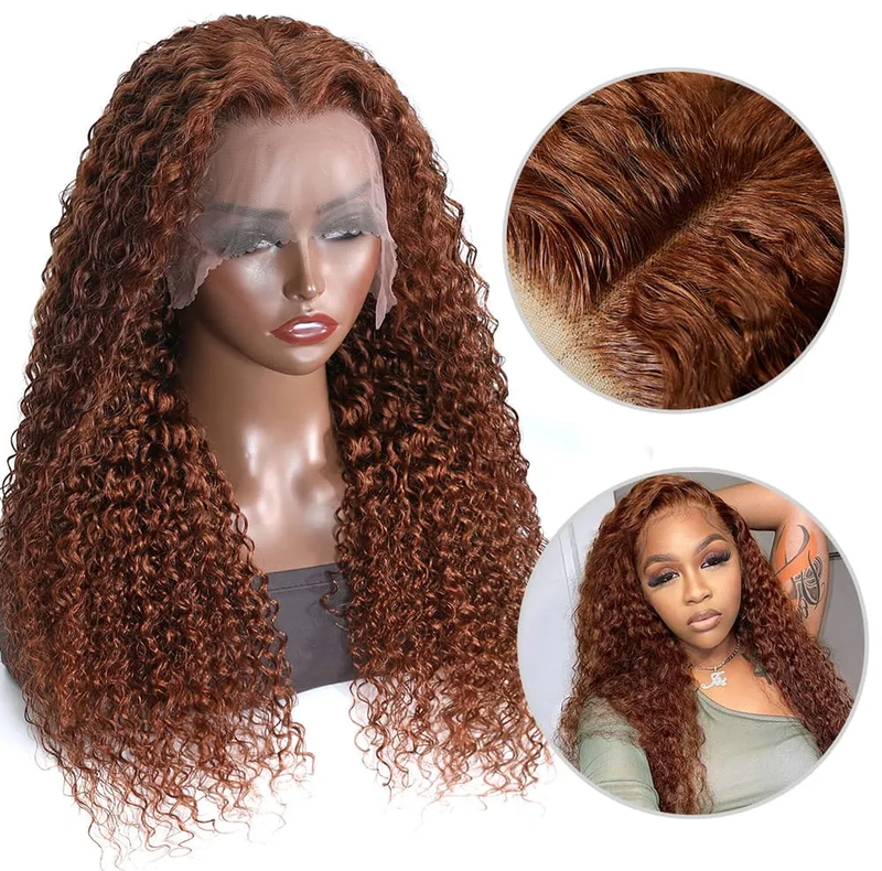 Buy 1 Get 1 Free,Code:BOGO | Klaiyi 180% Density Medium Auburn Brown Color Jerry Curly Lace Front Ginger Color Wigs