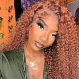 Klaiyi 180% Density Medium Auburn Brown Colored Jerry Curly Lace Front Ginger Color Wigs Flash Sale