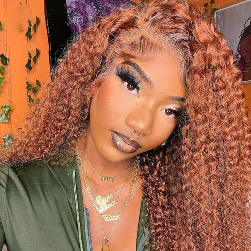 Klaiyi 180% Density Medium Auburn Brown Colored Jerry Curly Lace Front Ginger Color Wigs Flash Sale