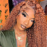 Buy 1 Get 1 Free,Code:BOGO | Klaiyi 180% Density Medium Auburn Brown Color Jerry Curly Lace Front Ginger Color Wigs