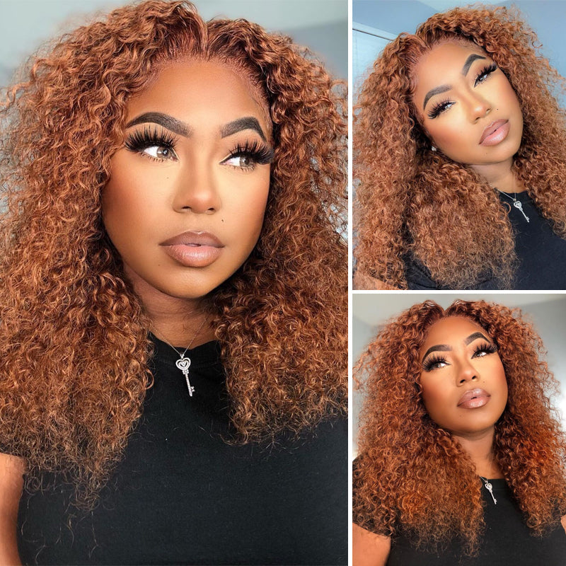 Klaiyi 150% Density Medium Auburn Brown Colored Jerry Curly Lace Front Ginger Color Wigs Flash Sale