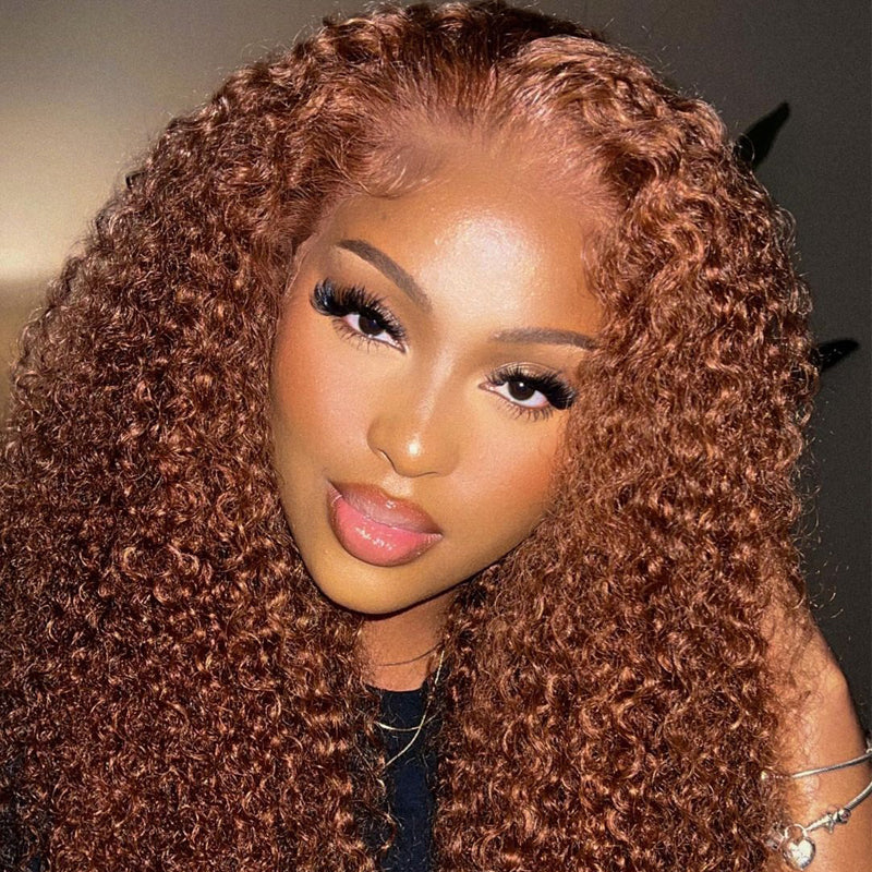 Klaiyi 150% Density Medium Auburn Brown Colored Jerry Curly Lace Front Ginger Color Wigs Flash Sale