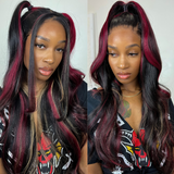 Klaiyi Blonde And Red Skunk Stripe Highlights 7x5 Deep Part Bye Bye Knots Pre-cut Lace Closure Wigs Put On And Go Loose Wave Wigs Human Hair