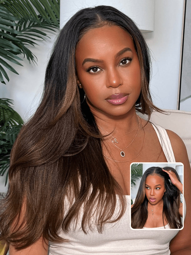 Klaiyi Ombre Chestnut Brown Yaki Straight EasiContour V Part Wigs Human Hair No Glue Protective Style Wig Flash Sale