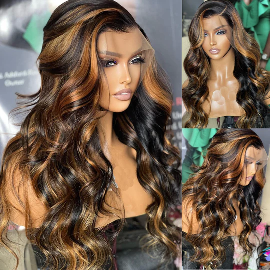 Buy 1 Get 1 Free,Code:BOGO | Klaiyi Dark Root Brown Balayage Highlight Body Wave Lace Front Wig