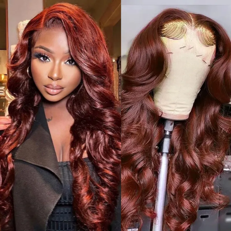 Flash Sale | Klaiyi Reddish Brown Hair Body Wave 4x4 Lace Closure / 13x5 T Part Lace Wig
