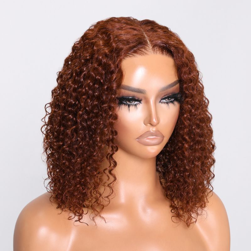 Klaiyi Reddish Brown Jerry Curly BOB Wig 6x4.75  Pre-cut Glueless Lace Wear & Go Wigs Flash Sale