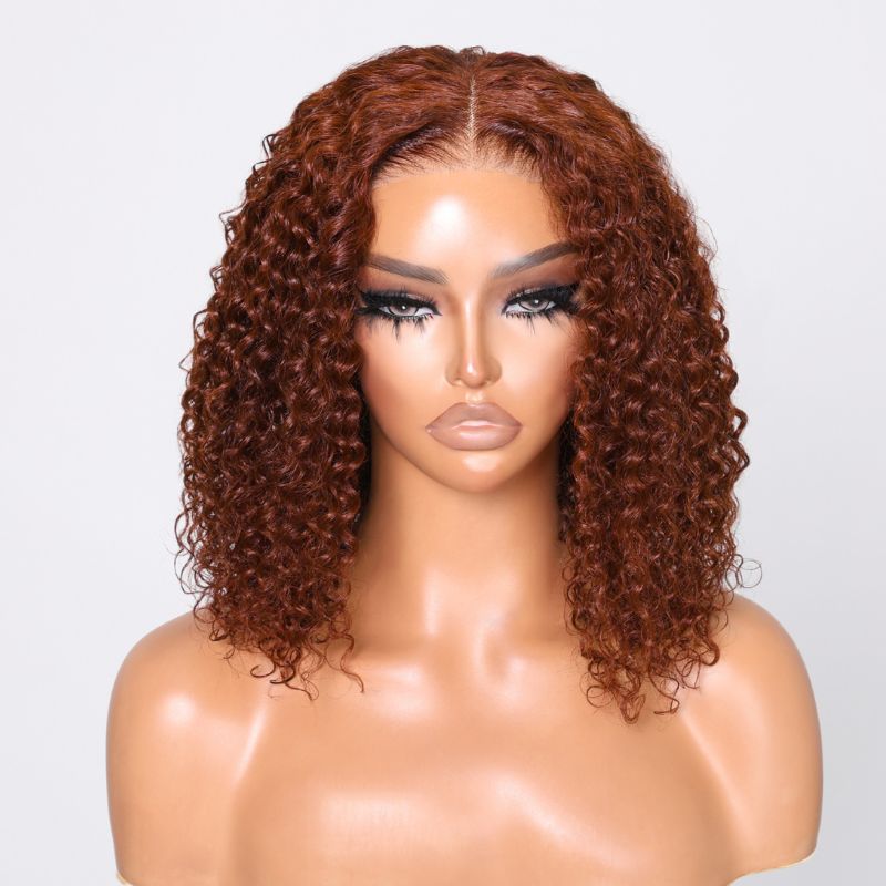 Klaiyi Reddish Brown Jerry Curly BOB Wig 6x4.75  Pre-cut Glueless Lace Wear & Go Wigs Flash Sale
