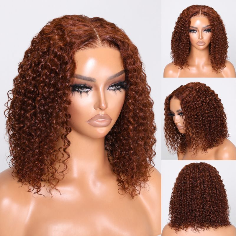 Klaiyi Reddish Brown Jerry Curly BOB Wig 6x4.75  Pre-cut Glueless Lace Wear & Go Wigs Flash Sale