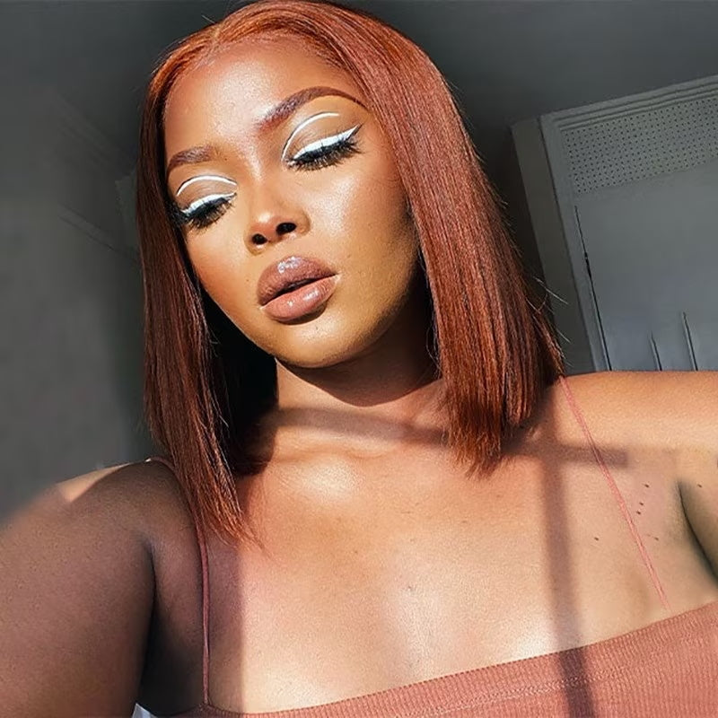 Extra 50% Off Code HALF50 | Klaiyi Short Bob 6x4.75 Lace Closure Wig Wear Go Wig Reddish Brown Color