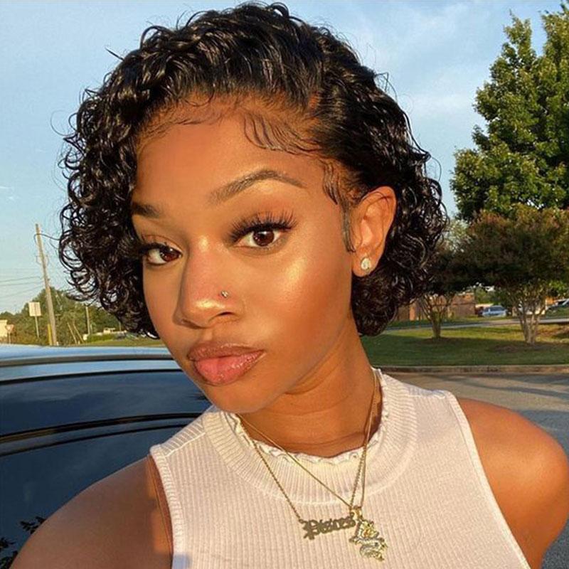 Low to $49| Klaiyi Short Pixie Cut Lace Front Bob Wigs Virgin Human Hair Water Curly Hair Wigs Flash Sale