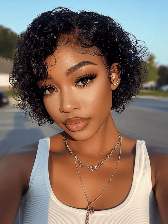 Klaiyi Short Pixie Cut Lace Front Bob Wigs Virgin Human Hair Water Curly Hair Wigs