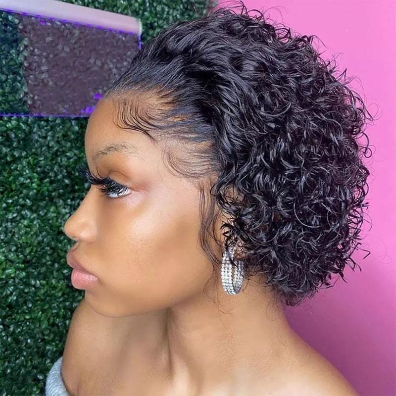 Low to $49| Klaiyi Short Pixie Cut Lace Front Bob Wigs Virgin Human Hair Water Curly Hair Wigs Flash Sale