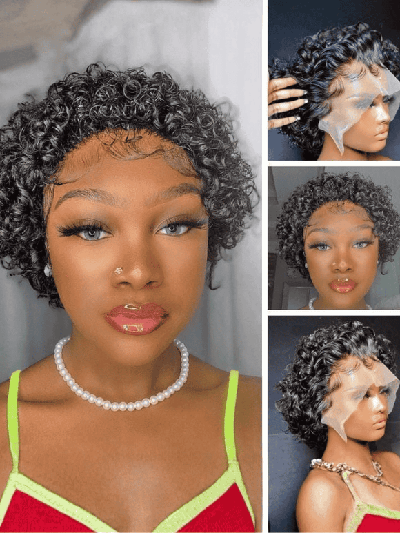 Klaiyi Short Pixie Cut Lace Front Bob Wigs Virgin Human Hair Water Curly Hair Wigs