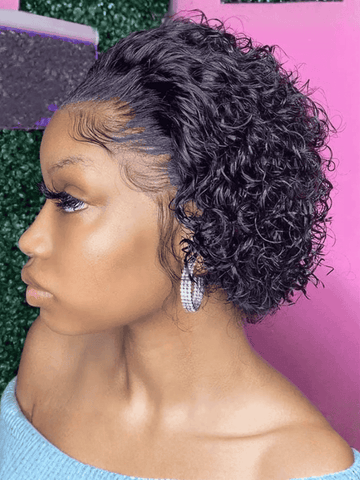 Klaiyi Short Pixie Cut Lace Front Bob Wigs Virgin Human Hair Water Curly Hair Wigs