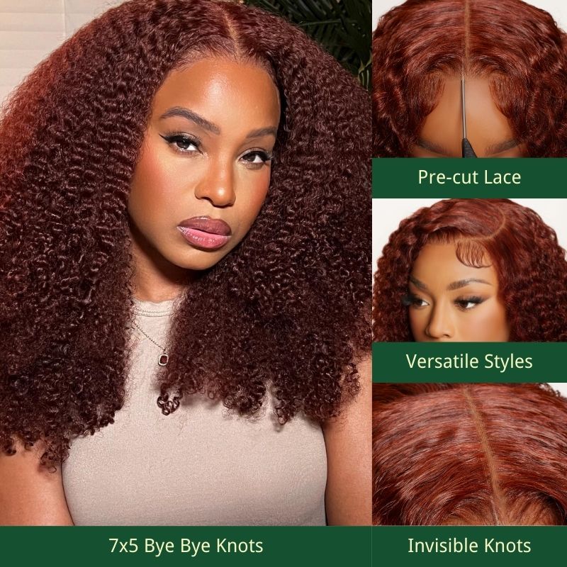 Klaiyi  Put On and Go 7x5 Bye Bye Knots Pre-cut Glueless Lace Wig Auburn Brown Color Kinky Curly Human Hair