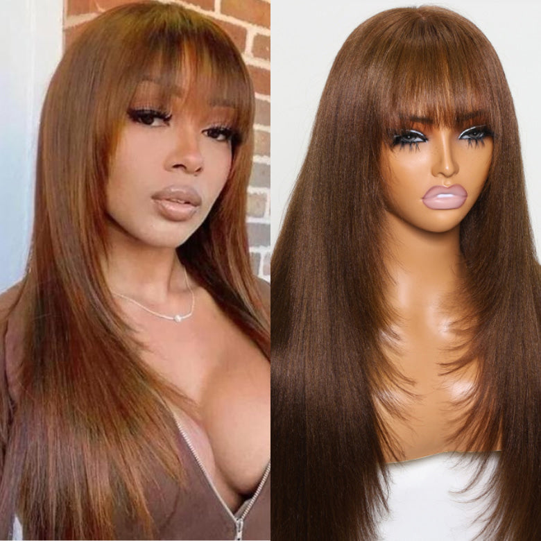 Klaiyi 4x2 Lace Closure #4 Chocolate Brown Yaki Straight Wig with Bangs Lace Part Glueless Wig Human Hair Flash Sale