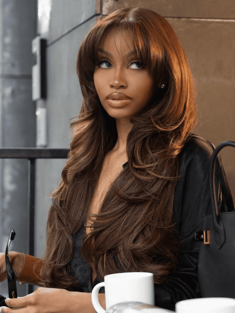 Klaiyi 4x2 Lace Closure #4 Chocolate Brown Yaki Straight Wig with Bangs Lace Part Glueless Wig Human Hair Flash Sale