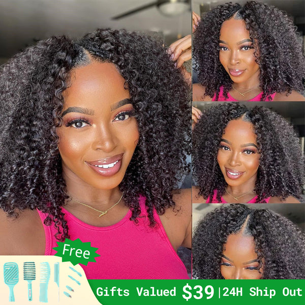 Klaiyi Kinky Curly V Part Wig Virgin Human Hair Real Scalp Great Protective Beginner Friendly Wig Flash Sale