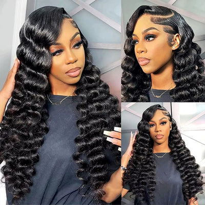 Klaiyi Loose Deep Wave 13x4 Pre everything™ Lace Frontal Wig Put on and Go Glueless Human Hair Wigs